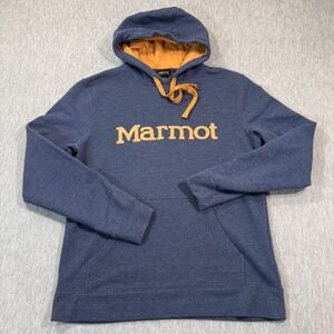 Marmot Hoodie Mens Medium Blue Pullover Logo Graphic Fleece Lined Sweatshirt